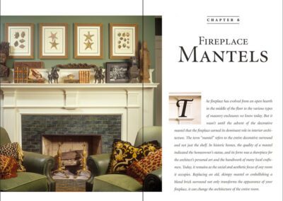 Image of a book page featuring Chapter 6 titled "Fireplace Mantels." The left page has a photograph of a decorated fireplace with framed art above it, a mantel with various decorative items, and two comfortable chairs in front. The right page has text about fireplace mantels.