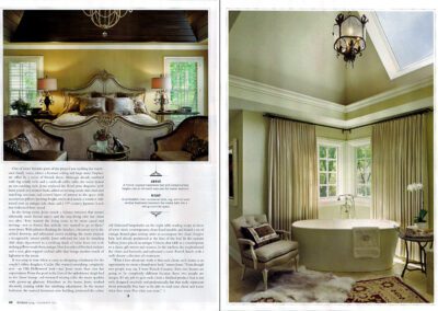 A magazine spread features two images of luxurious rooms. The left page shows an elegant bedroom with a plush bed, ornate headboard, and sophisticated decor. The right page displays a spacious bathroom with a cozy bathtub, a chandelier, and large windows with curtains.