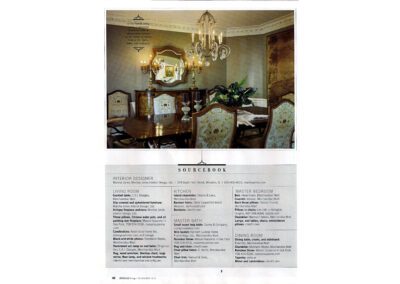 A magazine page featuring an elegantly decorated dining room with a chandelier, ornate chairs, a large mirror, and a wooden table set. The lower half of the page lists a "SOURCEBOOK" with information on the interior designer and decor items for various rooms.