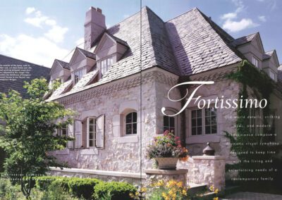 A luxurious, light stone mansion with a steep slate roof, multiple chimneys, and a lush garden featuring various plants and flowers. The building has several large windows with shutters. The text on the right reads "Fortissimo" with a brief description about old-world details.