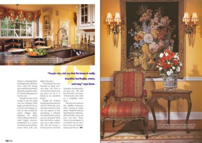 A magazine spread featuring a kitchen and a living room. The left page shows a bright kitchen with floral curtains, wooden cabinetry, and a black countertop. The right page displays a living room with yellow walls, a red and gold chair, a wooden table, and a floral tapestry. Text is visible along the bottom and sides of both pages.