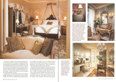 A luxurious, vintage-inspired bedroom with two canopy beds, ornate furnishings, and classical décor. An adjacent sitting area has plush seating. Nearby is a vanity area adorned with elaborate drapes. Warm ambient lighting adds to the room's elegant and opulent charm.