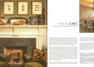 A two-page interior design brochure by Marsha Jones Interior Design Ltd. features a styled living room with a white mantel, green armchairs, and wall art. The opposite page includes a dining room with a chandelier and text detailing the designer's services.